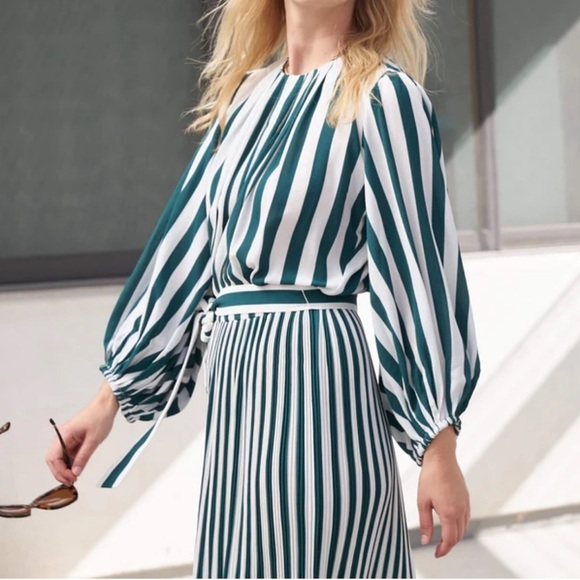 NWOT AYR The Who's She Green Regatta Stripe Pleated Midi Dress Size Xs - Picture 14 of 14